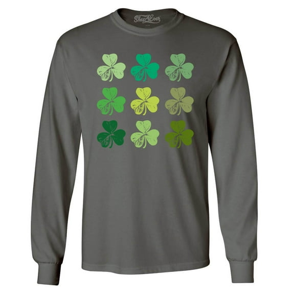 Shop4Ever Men's Shamrock Green Clovers St. Patrick's Day Long Sleeve Shirt Medium Charcoal