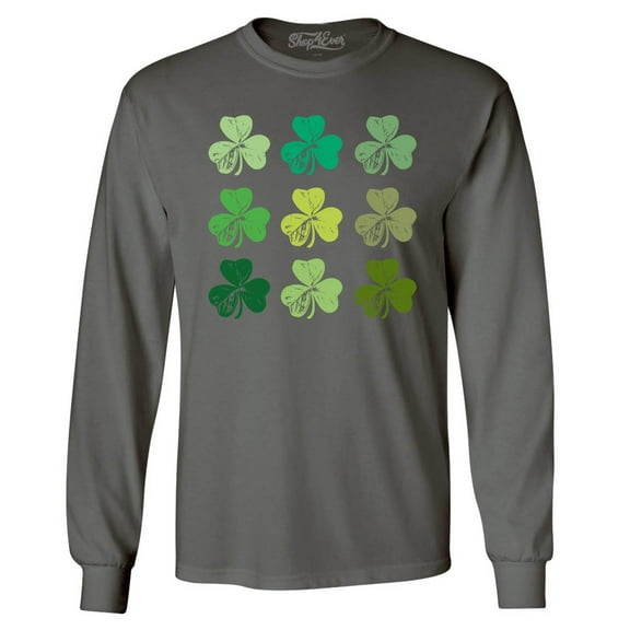 Shop4Ever Men's Shamrock Green Clovers St. Patrick's Day Long Sleeve Shirt X-Large Charcoal