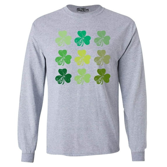 Shop4Ever Men's Shamrock Green Clovers St. Patrick's Day Long Sleeve Shirt X-Large Sports Grey