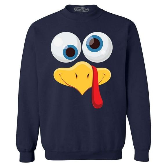 Shop4Ever Men's Silly Turkey Face Funny Thanksgiving Crewneck Sweatshirt Large Navy