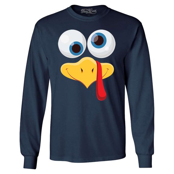 Shop4Ever Men's Silly Turkey Face Funny Thanksgiving Long Sleeve Shirt Large Navy