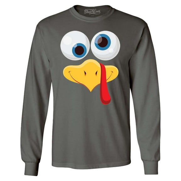 Shop4Ever Men's Silly Turkey Face Funny Thanksgiving Long Sleeve Shirt Small Charcoal
