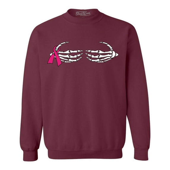 Shop4Ever Men's Skeleton Hands Breast Cancer Awareness Crewneck Sweatshirt X-Large Maroon