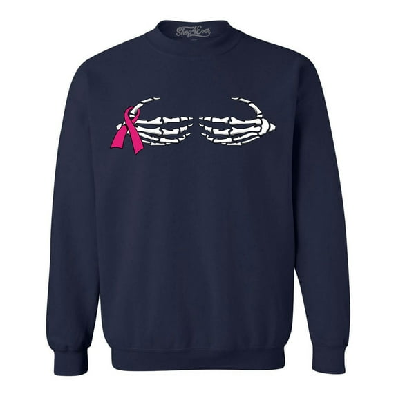 Shop4Ever Men's Skeleton Hands Breast Cancer Awareness Crewneck Sweatshirt X-Large Navy