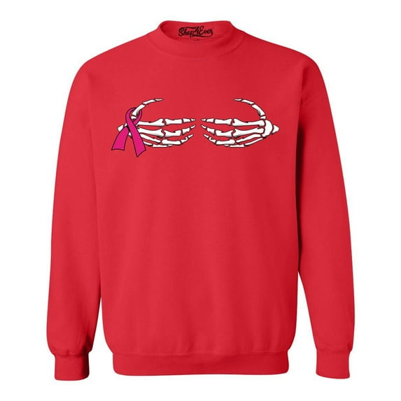 Shop4Ever Men's Skeleton Hands Breast Cancer Awareness Crewneck Sweatshirt X-Large Red