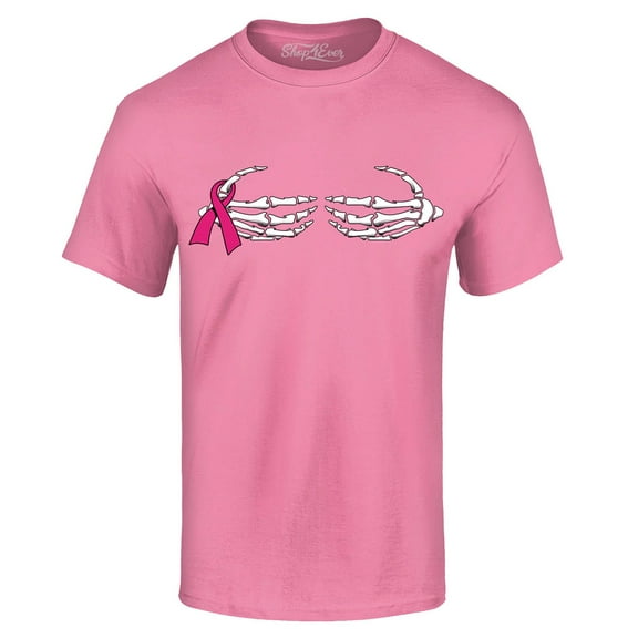 Shop4Ever Men's Skeleton Hands Breast Cancer Awareness Graphic T-shirt Small Azalea Pink