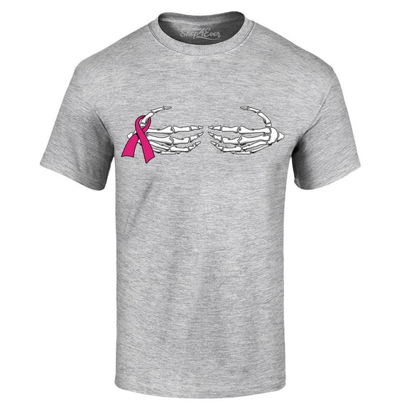 Shop4Ever Men's Skeleton Hands Breast Cancer Awareness Graphic T-shirt Small Sports Grey