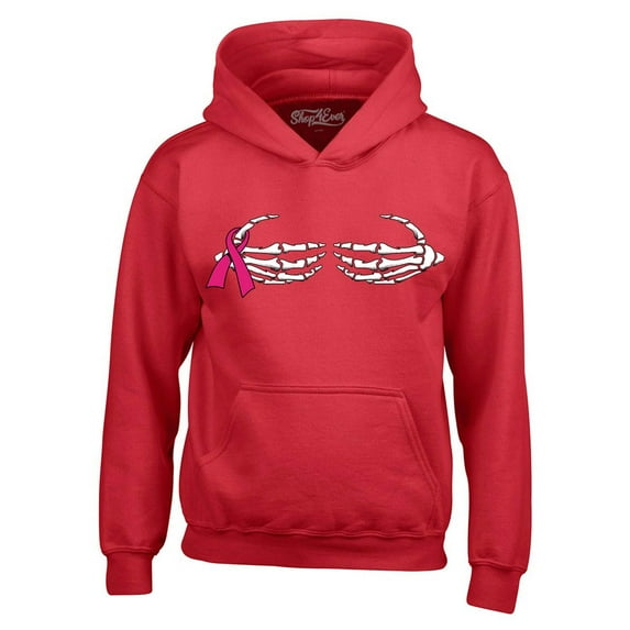 Shop4Ever Men's Skeleton Hands Breast Cancer Awareness Hooded Sweatshirt Hoodie X-Large Red