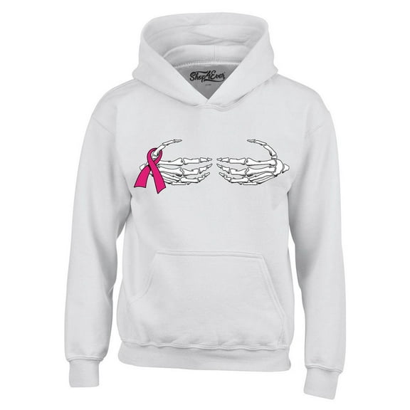 Shop4Ever Men's Skeleton Hands Breast Cancer Awareness Hooded Sweatshirt Hoodie XXX-Large White