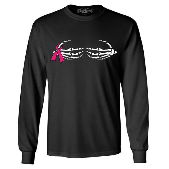 Shop4Ever Men's Skeleton Hands Breast Cancer Awareness Long Sleeve Shirt 2XL Black