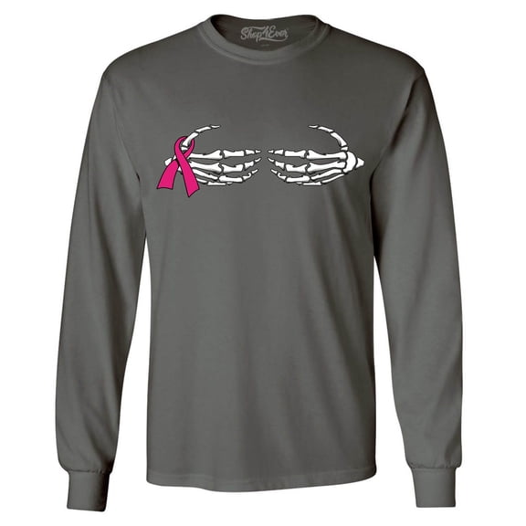 Shop4Ever Men's Skeleton Hands Breast Cancer Awareness Long Sleeve Shirt Large Charcoal
