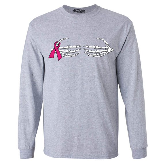 Shop4Ever Men's Skeleton Hands Breast Cancer Awareness Long Sleeve Shirt Large Sports Grey