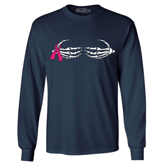 Shop4Ever Men's Skeleton Hands Breast Cancer Awareness Long Sleeve Shirt XX-Large Navy