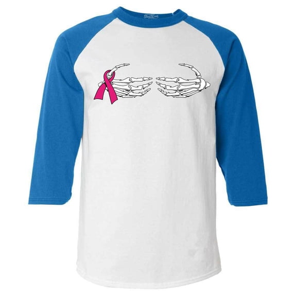 Shop4Ever Men's Skeleton Hands Breast Cancer Awareness Raglan Baseball Shirt Large White/Blue