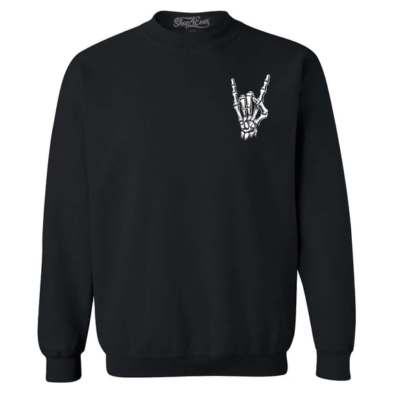 Shop4Ever Men's Skeleton Pocket Size Rock N' Roll Hand Sign Pocket Size Crewneck Sweatshirt Large Black