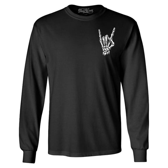 Shop4Ever Men's Skeleton Pocket Size Rock N' Roll Hand Sign Pocket Size Long Sleeve Shirt 2XL Black