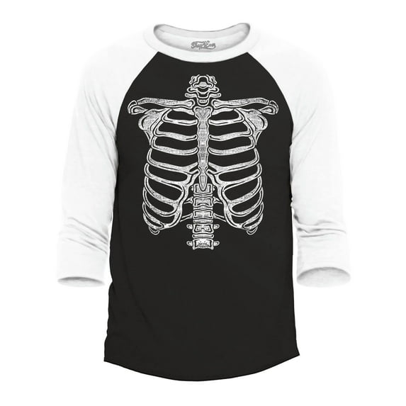 Shop4Ever Men's Skeleton Ribcage Easy Halloween Skull Costume Raglan Baseball Shirt Small Black/White
