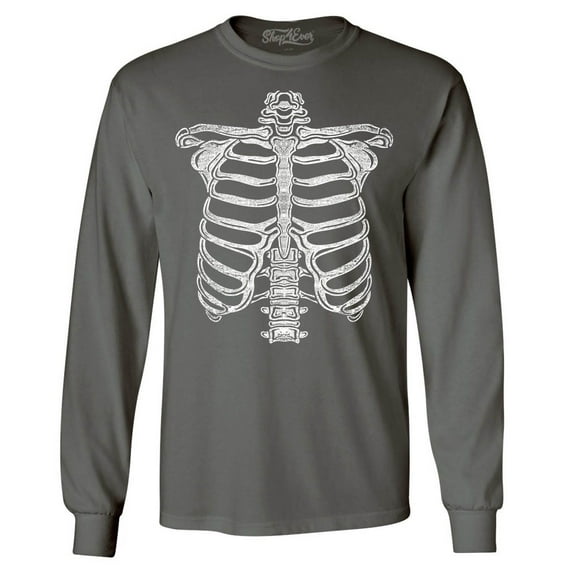 Shop4Ever Men's Skeleton Ribcage Skull Halloween Costume Long Sleeve Shirt Small Charcoal