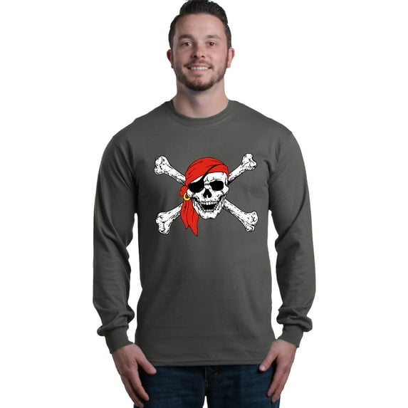 Shop4Ever Men's Skull and Crossbones Pirate Flag Long Sleeve Shirt Medium Charcoal