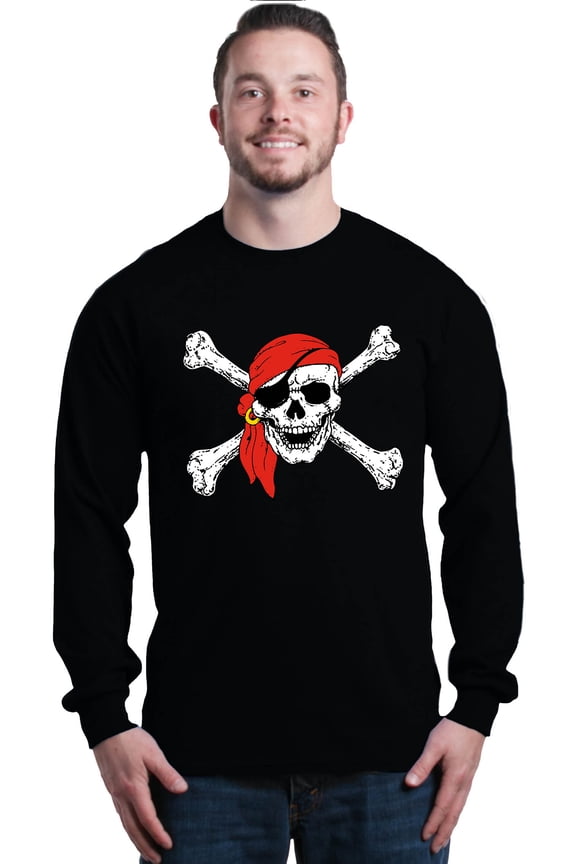 Men's Skull and Crossbones Pirate Flag Long Sleeve Shirt Small Black