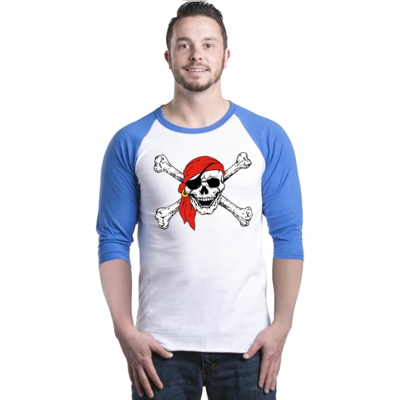 Shop4Ever Men's Skull and Crossbones Pirate Flag Raglan Baseball Shirt XXX-LargeWhite/Blue