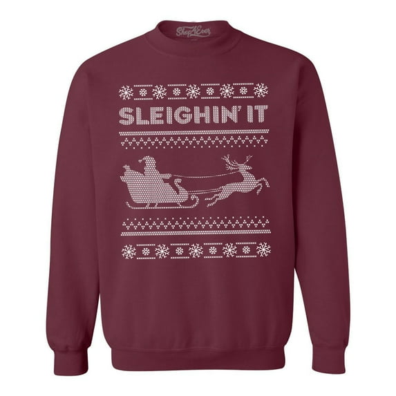 Shop4Ever Men's Sleighin' It Crewneck Sweatshirt Large Maroon