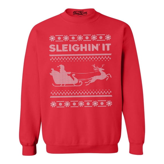 Shop4Ever Men's Sleighin' It Crewneck Sweatshirt Large Red