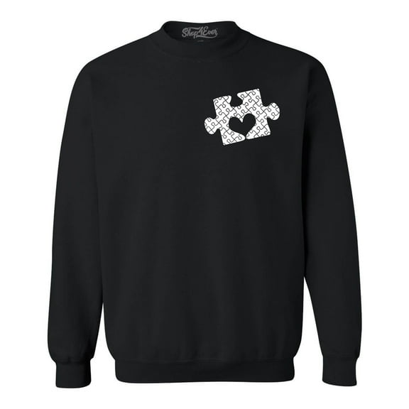 Shop4Ever Men's Small Heart Puzzle Piece Autism Awareness Crewneck Sweatshirt Large Black