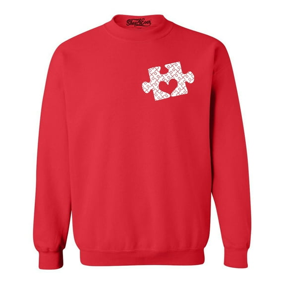 Shop4Ever Men's Small Heart Puzzle Piece Autism Awareness Crewneck Sweatshirt XX-Large Red