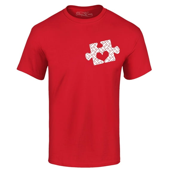 Shop4Ever Men's Small Heart Puzzle Piece Autism Awareness Graphic T-shirt X-Large Red