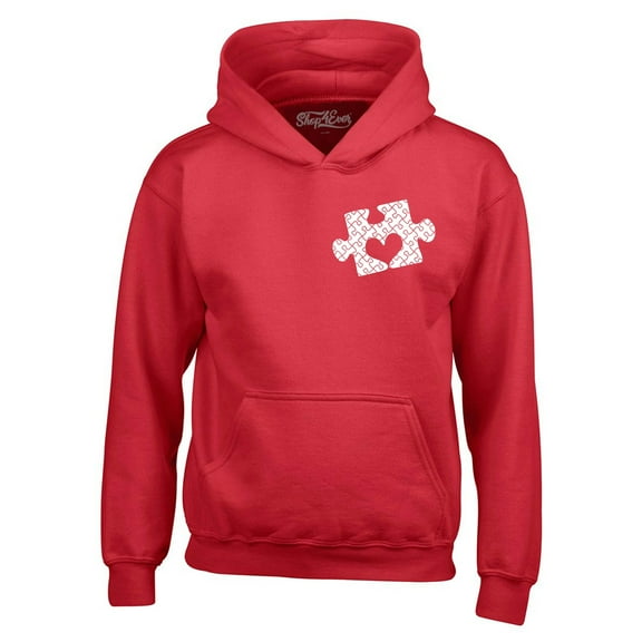 Shop4Ever Men's Small Heart Puzzle Piece Autism Awareness Hooded Sweatshirt Hoodie X-Large Red