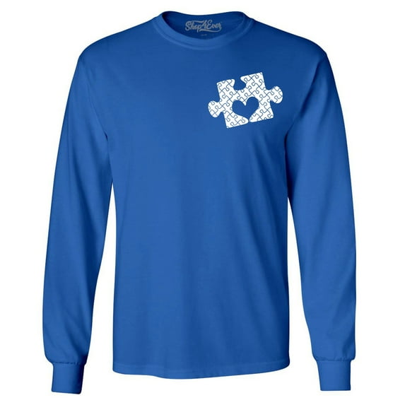 Shop4Ever Men's Small Heart Puzzle Piece Autism Awareness Long Sleeve Shirt Large Royal Blue