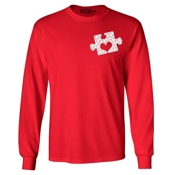 Shop4Ever Men's Small Heart Puzzle Piece Autism Awareness Long Sleeve Shirt Medium Red