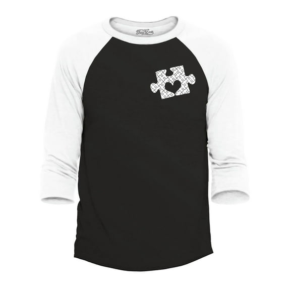 Shop4Ever Men's Small Heart Puzzle Piece Autism Awareness Raglan Baseball Shirt Medium Black/White