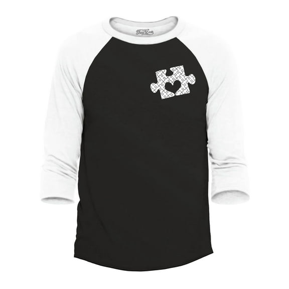 Shop4Ever Men's Small Heart Puzzle Piece Autism Awareness Raglan Baseball Shirt Small Black/White