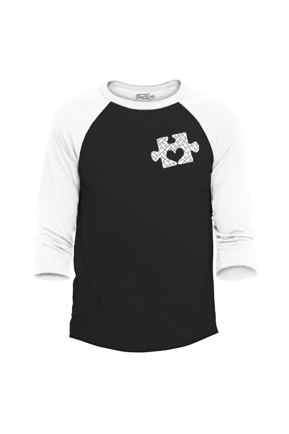 Men's Small Heart Puzzle Piece Autism Awareness Raglan Baseball Shirt Small Black/White
