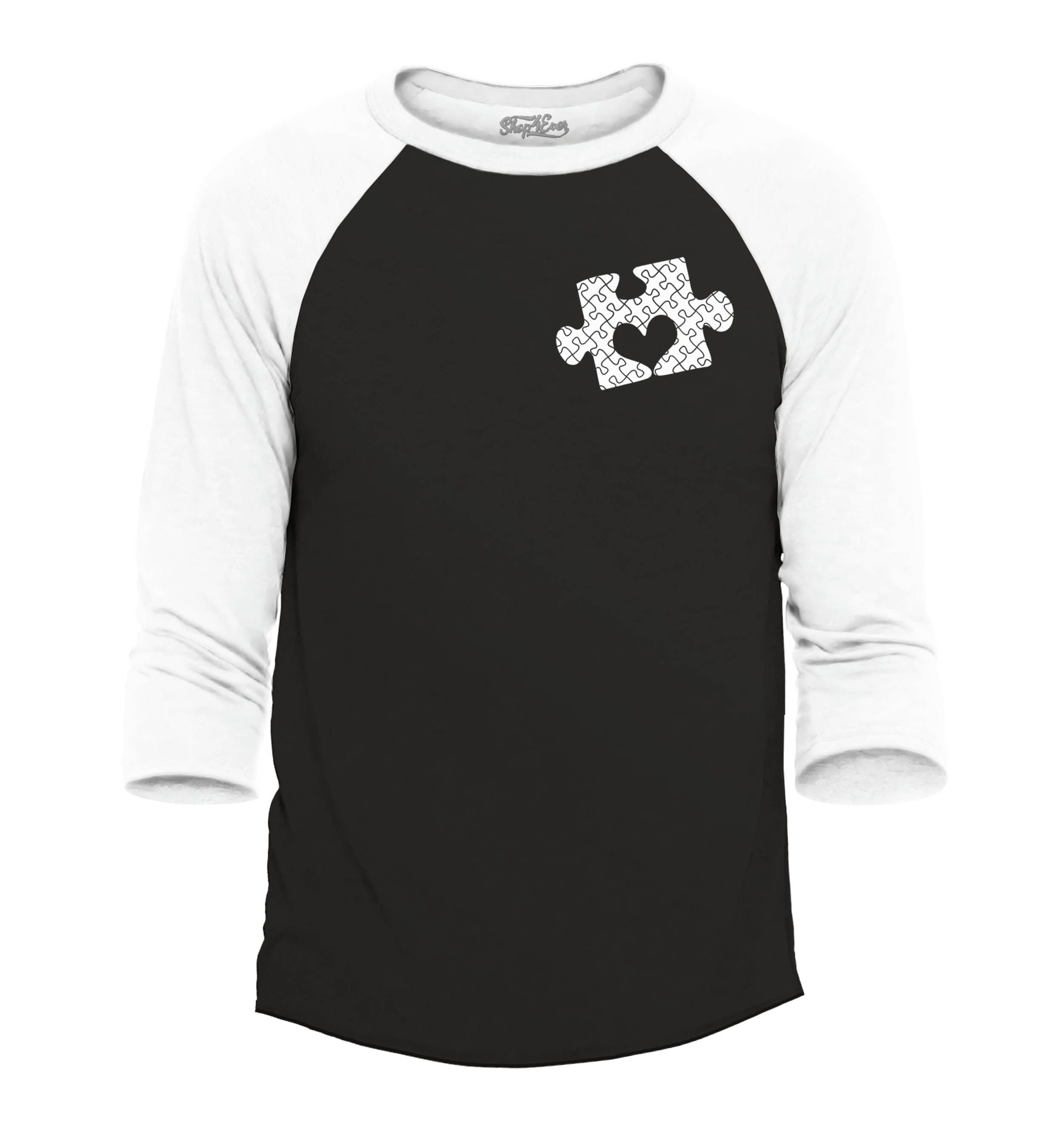 Shop4Ever Men's Small Heart Puzzle Piece Autism Awareness Raglan Baseball Shirt XX-Large Black/White