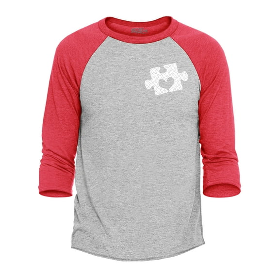 Shop4Ever Men's Small Heart Puzzle Piece Autism Awareness Raglan Baseball Shirt XX-Large Heather Grey/Red