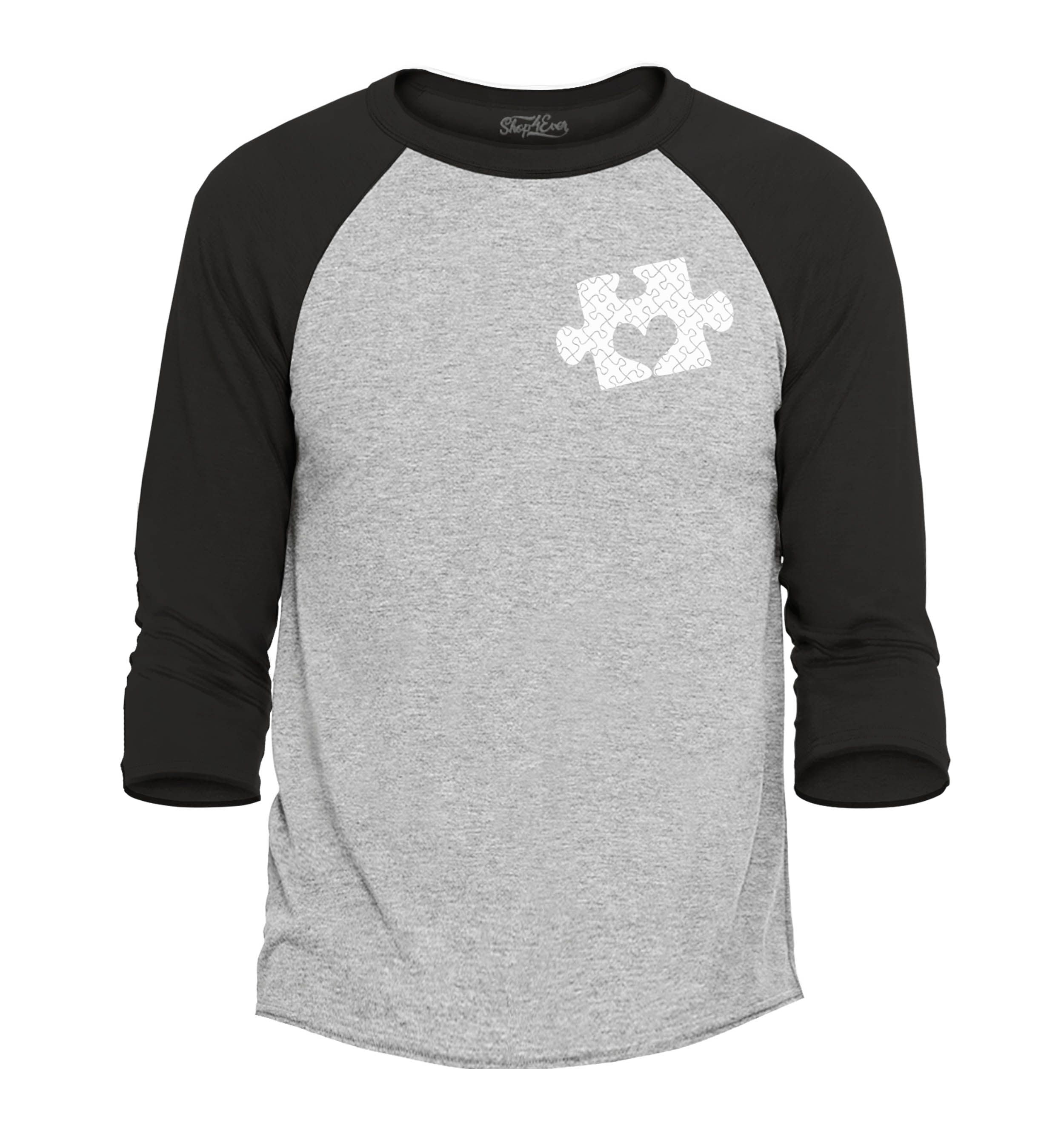 Shop4Ever Men's Small Heart Puzzle Piece Autism Awareness Raglan Baseball Shirt XXX-Large Heather Grey/Black