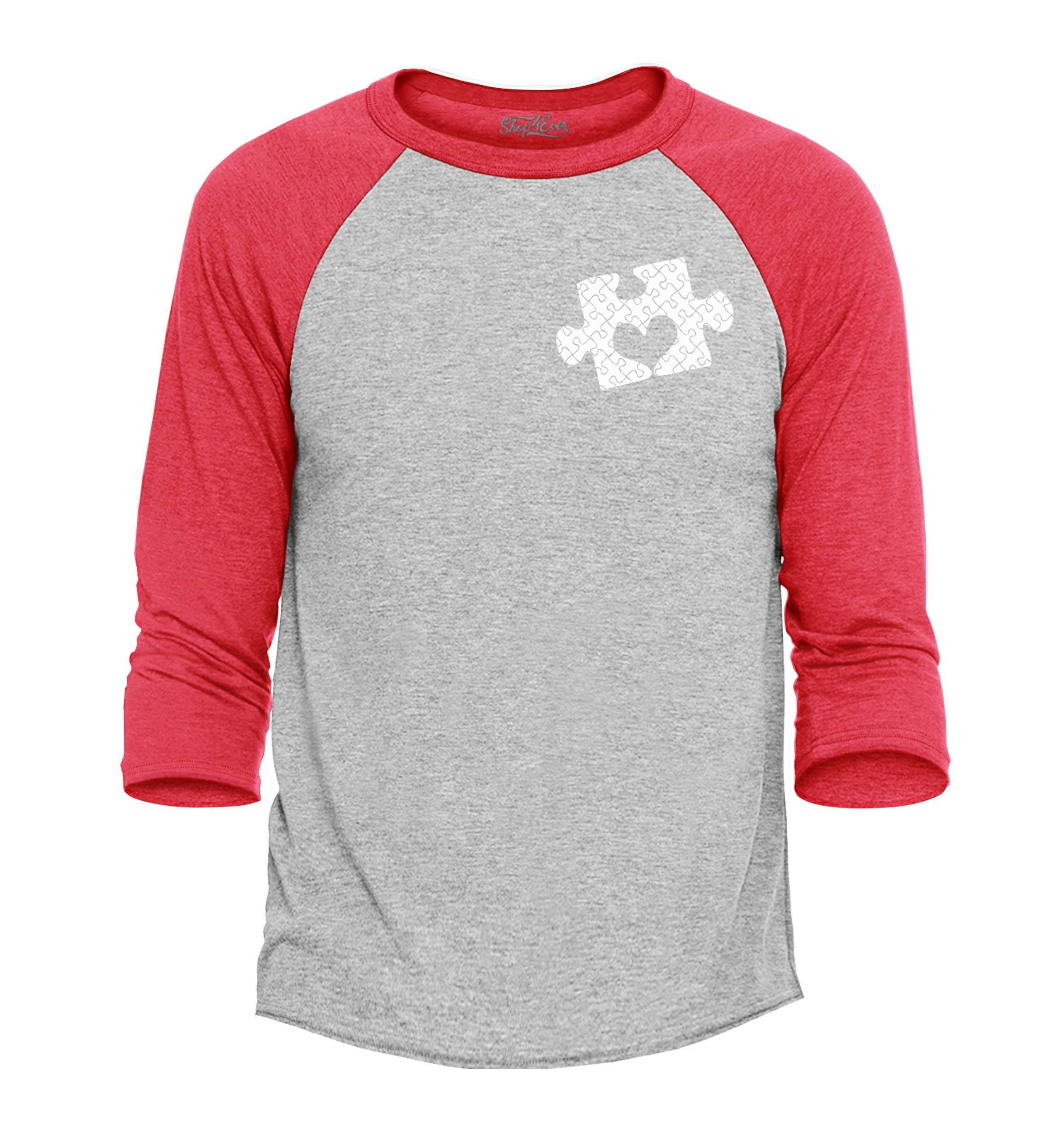 Shop4Ever Men's Small Heart Puzzle Piece Autism Awareness Raglan Baseball Shirt XXX-Large Heather Grey/Red