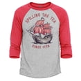 thumbnail image 1 of Shop4Ever Men's Spilling The Tea Since 1773 Raglan Baseball Shirt Small Heather Grey/Red, 1 of 3