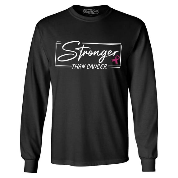 Shop4Ever Men's Stronger Than Cancer Breast Cancer Awareness Long Sleeve Shirt Small Black