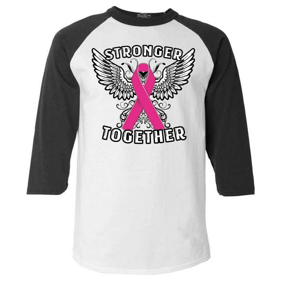Shop4Ever Men's Stronger Together Breast Cancer Awareness Raglan Baseball Shirt Small White/Black