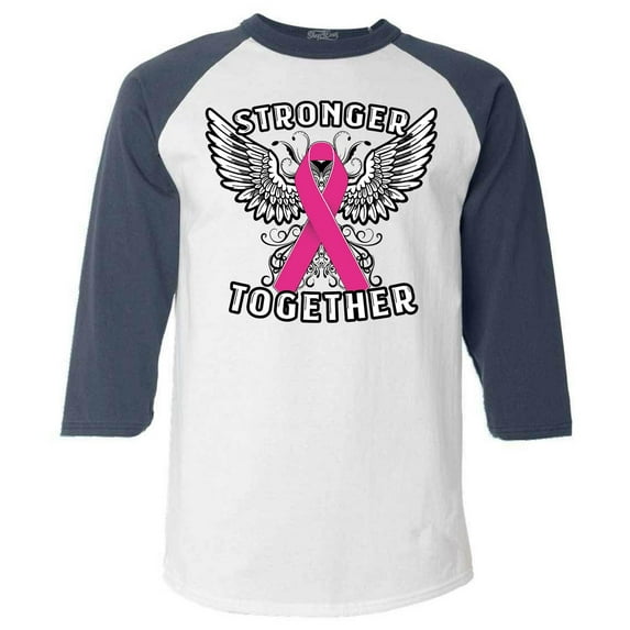 Shop4Ever Men's Stronger Together Breast Cancer Awareness Raglan Baseball Shirt X-Large White/Navy