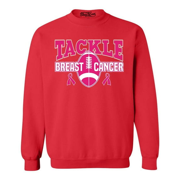 Shop4Ever Men's Tackle Breast Cancer Ribbon Awareness Crewneck Sweatshirt Medium Red