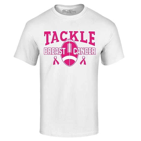 Shop4Ever Men's Tackle Breast Cancer Ribbon Awareness Graphic T-shirt Large White