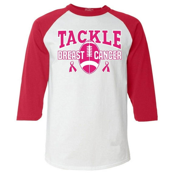 Shop4Ever Men's Tackle Breast Cancer Ribbon Awareness Raglan Baseball Shirt Medium White/Red