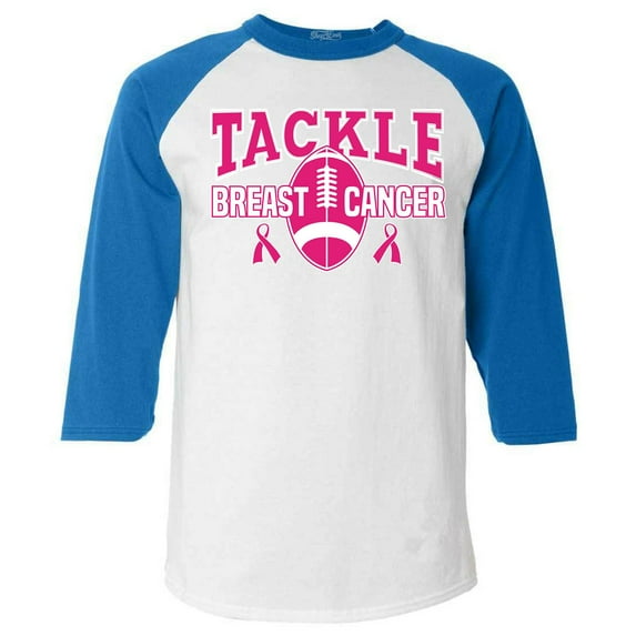 Shop4Ever Men's Tackle Breast Cancer Ribbon Awareness Raglan Baseball Shirt XX-LargeWhite/Blue