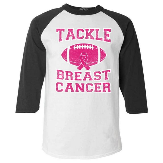 Shop4Ever Men's Tackle Breast Cancer Support Awareness Raglan Baseball Shirt Large White/Black