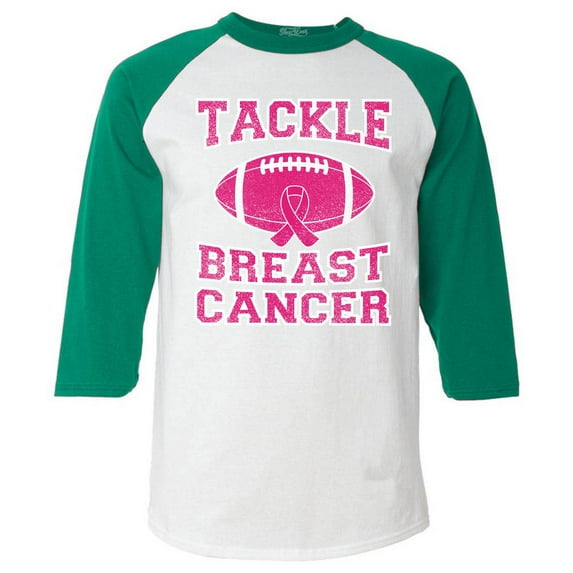 Shop4Ever Men's Tackle Breast Cancer Support Awareness Raglan Baseball Shirt Large White/Kelly